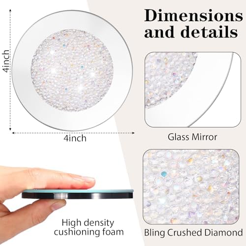Jetec Mirrored Glass Coaster Set of 6 with 1 Holder 4" Crushed Diamond Round Cup Mat Glitter Crystal Rhinestone Glass Coaster Bling Table Decor for Bar Kitchen Gift for Christmas(White,4 Inch) - Image 2