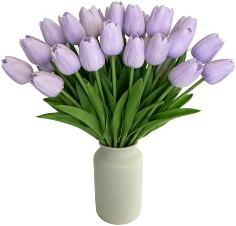 Light Purple Artificial Tulips, 20 Pcs PU Real Touch Faux Flowers by SHUERIET