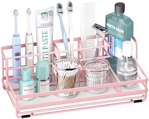 HapiRm Toothbrush Holders for Bathroom - 5 Partitions Bathroom Counter Organizer with Instant Drying Stone, Stainless Steel Countertop Storage Electric Toothbrush Toothpaste Holder - Pink by HapiRm