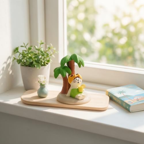 Mevodeata Lemon Tea Cat Figurine with Palm Tree, Mini Beach Statue - Image 3