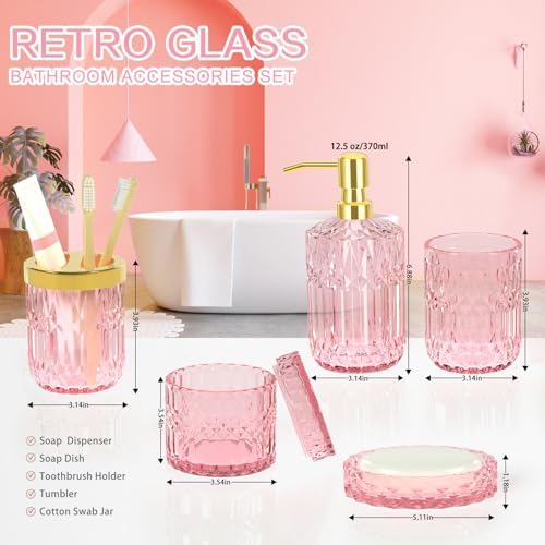 Pink Bathroom Accessories Set, 5Pcs Clear Glass Pink Bathroom Decor with Lotion Soap Dispenser, Soap Dish, Tumbler, Cotton Swab Jar, Toothbrush Holder for Bathrooms Set Modern Crystal Vintage Gift - Image 3