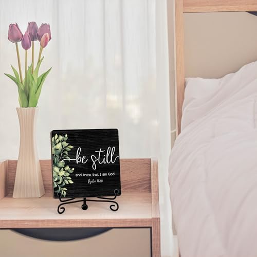 Inspirational Christian Desk Decor, Be Still And Know That I Am God Sign, Desk Decorations For Office Home Living Room Bathroom, Eucalyptus Shelf Decor, Wooden Plaque With Stand (01) - Image 4
