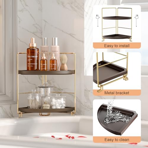 FSyueyun 2-Tier Corner Bathroom Counter Organizer, Gold & Brown - Image 4