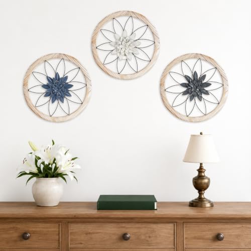 Paquesta 3 Piece Round Farmhouse Wall Decor with 6 Piece Interchangeable Flowers 15.75'' Medallion Wood & Metal Rustic Wall Art for Living Room Bedroom Kitchen Bathroom Dining Room Home Decorations (large black wheel) - Image 6