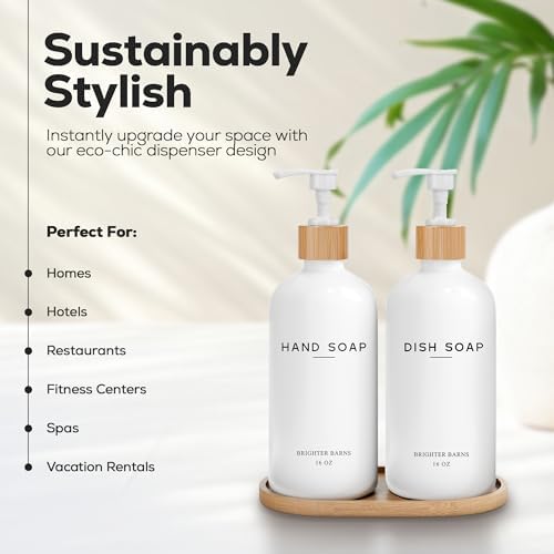 White Glass Hand and Dish Soap Dispenser Set by Brighter Barns - Kitchen Soap Dispenser Set with Tray - Glass Bottles for Kitchen Sink - Housewarming Gift, Countertop Decor, Boho Home Decor (White) - Image 2