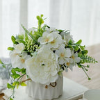 TKAS Fake Flowers Arrangement in Ceramic Vase, Artificial Faux Silk Roses & Hydrangea, Small Realistic Dried-Style Floral Dining Table Centerpiece for Wedding Party Home Decoration (White) by TKAS