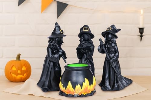 Halloween Witch Figurine Set with Glowing Cauldron – 4PCS Resin Halloween Decorations for Tabletop Mantel Tiered Tray Indoor Haunted House Spooky Witch Statues, Mini Figurines Gothic Home Decor - Image 3