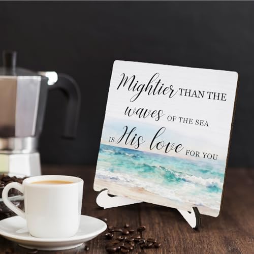 Prayer Closet Essentials Wooden Decor 5"X5", Mightier Than the Waves His Love Wooden Desk Table Sign for Prayer Corner Closet, Christian Desk Table Gifts for Woman Man (5x5 Inch) - Image 4