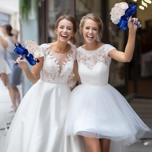 Wedding Bouquets for Bride, Bridal Flowers for Wedding, Bride Bridesmaid Hand Flowers Bridal Bouquet Crystal Diamond Silk Roses, Artificial Flowers Bouquet for Church Wedding Party (Blue) - Image 4