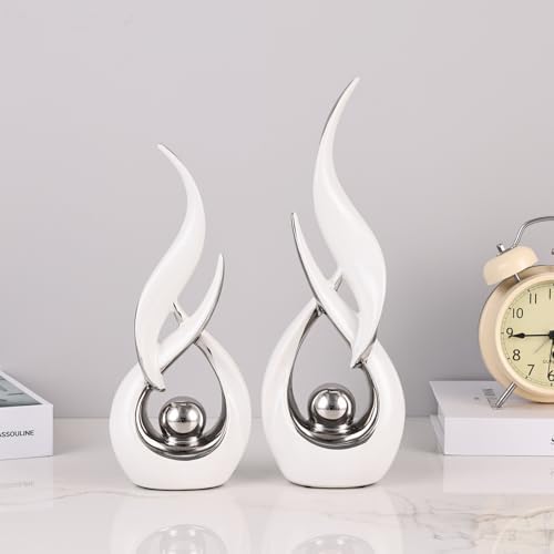 2 PCS White Silver Ceramic Statues For Home Decor Accents, Modern Abstract Art Sculptures, Elegant Tabletop Decorative Objects For Dining Room, Entryway, Tv Stand, Mantel, Coffee Table Centerpieces - Image 5