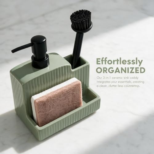 RQYIXI 3-in-1 Ceramic Square Soap Dispenser with Sponge Holder,Green,18 Oz - Image 2