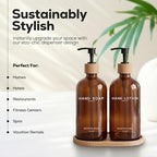 Amber Glass Soap and Lotion Dispenser Set with Tray by Brighter Barns - Hand Soap Dispenser Bathroom Set - Glass Bottles with Pump - Bamboo Home Accessories & Modern Bathroom Decor for Airbnb (Amber) - Image 2