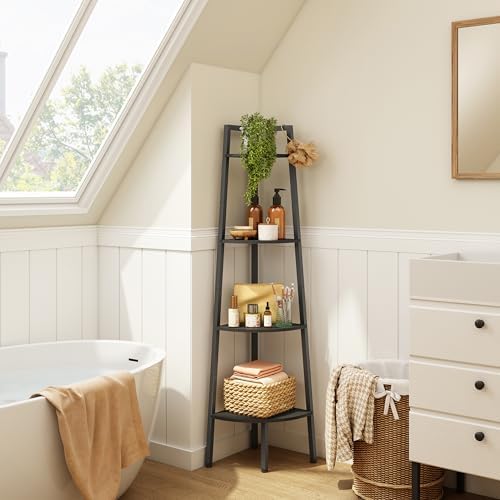 Hoctieon Corner Shelf, 4-Tier Corner Bookshelf, Rustic Ladder Shelf, Industrial Display Stand for Living Room, Kitchen, Home Office, Balcony, Small Space, Metal Frame, Black - Image 3