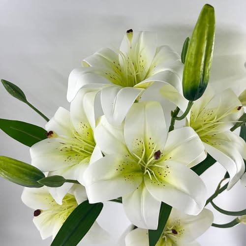 12 Artificial Lily Flowers with 9 Heads Full Bloom Lily & 3 Buds, Long Stem Artificial Stargazer Lilies, Faux Tiger Bouquets for Home Hotel Office Party Decor Table Centerpieces（White - Image 2