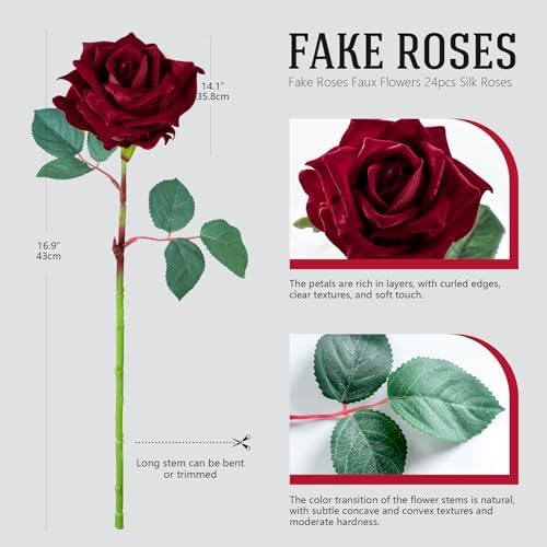 Ttranewsoo 24PCS Red Roses Artificial Flowers, Realistic Fake Roses with Stems for DIY Rose Bouquets, Romantic Centerpieces, Anniversary, Party & Home Decor, 16.5 Inch - Image 2