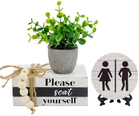 Bathroom Shelf Decor Signs with Bookstack, 3D Round Signs & Fake Plants by Lebsitey