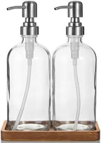 Clear Glass Soap Dispenser Set with Acacia Wood Tray, Refillable Hand Soap Pump Bottle for Kitchen, Bathroom Countertop, Modern Farmhouse Soap Dispenser Set by Unknown