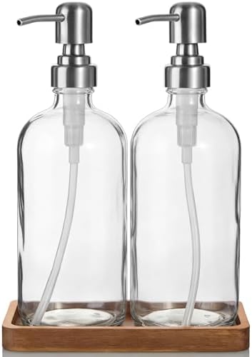 Clear Glass Soap Dispenser Set with Acacia Wood Tray, Refillable Hand Soap Pump Bottle for Kitchen, Bathroom Countertop, Modern Farmhouse Soap Dispenser Set by Unknown