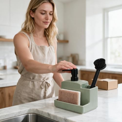 RQYIXI 3-in-1 Ceramic Square Soap Dispenser with Sponge Holder,Green,18 Oz - Image 6