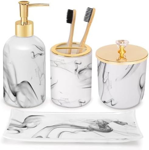 Haturi Bathroom Accessories Set, 4 Pcs Marble Look Sets Soap Dispenser & Toothbrush Holder Counter Top Restroom Apartment Decor Stuff, Glass Kits, Gift for Women and Men, Ink White by Haturi