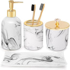 Haturi Bathroom Accessories Set, 4 Pcs Marble Look Sets Soap Dispenser & Toothbrush Holder Counter Top Restroom Apartment Decor Stuff, Glass Kits, Gift for Women and Men, Ink White by Haturi