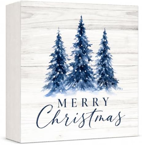 Christmas Decorations Blue Pine Trees Merry Christmas Wood Box Sign by GUDIO