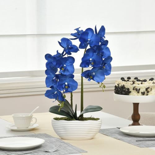 Large Artificial Orchid Arrangement in Oval Ribbed Ceramic Pot, Navy Blue - Image 5