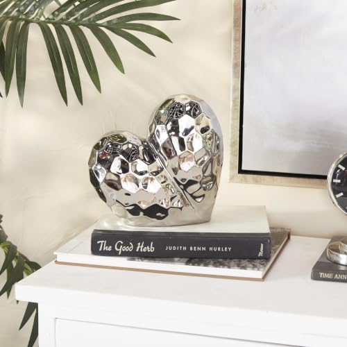 Deco 79 Porcelain Ceramic Heart Decorative Sculpture Dimensional Angled Origami Inspired Home Decor Statue, Accent Figurine 8" x 3" x 8", Silver - Image 3