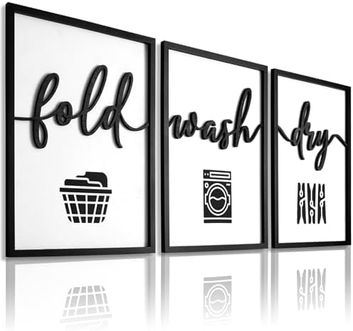 3D Wood Laundry Room Wall Decor, 48" x 24" Framed Laundry Room Wall Art, 3D Signs for Room Decor (Ready to Hang, Set of 3, Framed) by KIOSSUT