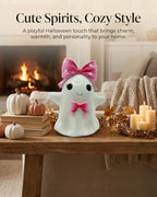 Cute Halloween Ghost Figurine with Pink Bow Tabletop Decor (Pink Ghost) - Image 3