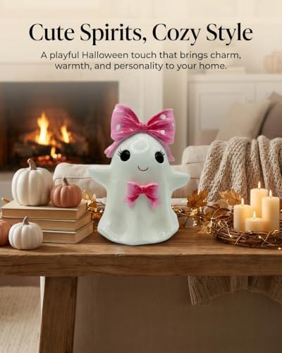 Cute Halloween Ghost Figurine with Pink Bow Tabletop Decor (Pink Ghost) - Image 3