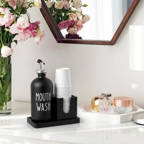 Glass Mouthwash Dispenser for Bathroom, 16 OZ Mouthwash Dispenser with Pour Spout and Wood Cup Holder and Tray, Mouth Wash Bottle Container, Black Kitchen Bathroom Decor and Accessories - Image 7