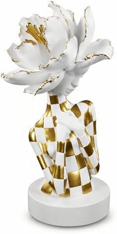 Lescafita White and Gold African Woman Sculpture – Elegant Resin Figurine with Floral Headpiece, Modern African Art Statue for Home Decor, Cultural Figurine Gift for Women by LESCAFITA
