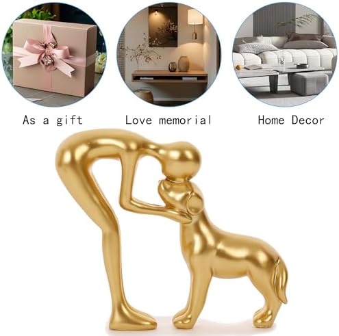 Man and Dog Statue Pet Decor for Home Office Memory Gift Golden - Image 5