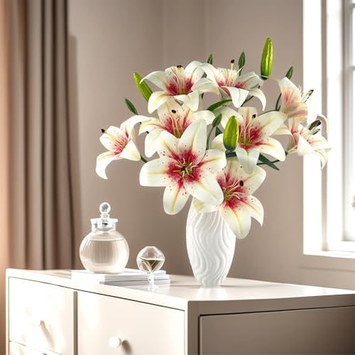 12 Artificial Lily Flowers with 9 Heads Full Bloom Lily & 3 Buds, Long Stem Artificial Stargazer Lilies, Faux Tiger Bouquets for Home Hotel Office Party Decor Table Centerpieces（White Pink - Image 7