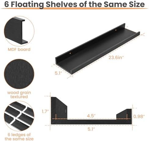 upsimples Floating Shelves for Wall Decor and Storage, Black, 6Pcs 23.6'' - Image 3