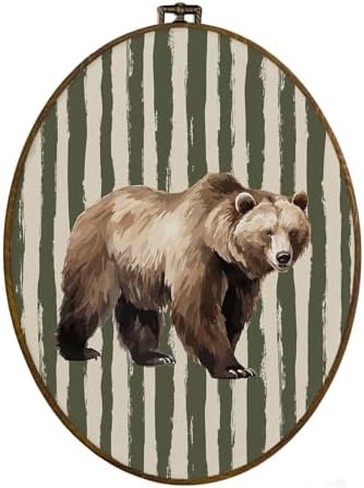 dvhdajed Vintage Brown Bear Oval Wall Art Decor, Sage Green Striped Baby Boy Room Framed Canvas Art, Farmhouse Rustic Bear Wall Hanging Decor for Boys Nursery, Farm Animal Decorations, 8.7x11.3 Inch by dvhdajed