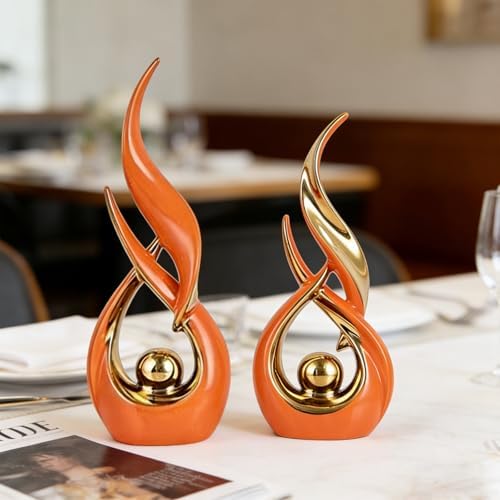 2 PCS Orange Gold Ceramic Statues For Home Decor Accents, Modern Abstract Art Sculptures, Elegant Tabletop Decorative Objects For Dining Room, Entryway, Tv Stand, Mantel, Coffee Table Centerpieces - Image 2