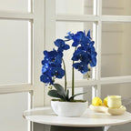 Large Artificial Orchid Arrangement in Oval Ribbed Ceramic Pot, Navy Blue - Image 4