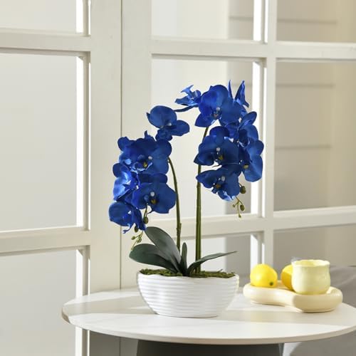 Large Artificial Orchid Arrangement in Oval Ribbed Ceramic Pot, Navy Blue - Image 4