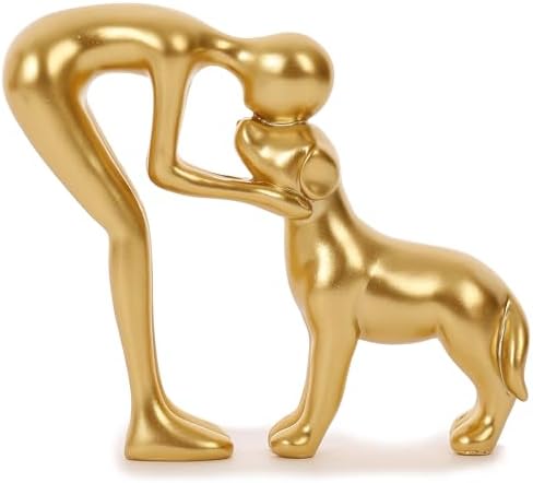 Man and Dog Statue Pet Decor for Home Office Memory Gift Golden by FriyGardcn