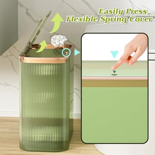 Green Bathroom Accessories Set, 3.5 Gal Trash Can with Press-Top Lid and Garbage Bags, Glass Bathroom Set, Soap Dispenser, Toothbrush Holder, Tumbler, Qtip Holders, Vintage Bathroom Sink Set Decor - Image 3