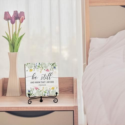 Inspirational Christian Desk Decor, Be Still And Know That I Am God Wildflower Sign, Desk Decorations For Office Home Living Room Bathroom, Eucalyptus Shelf Decor, Wooden Plaque With Stand (08) - Image 4