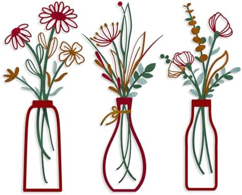 Pigort 3 Pieces Metal Vase Flowers Wall Arts - Rustic Farmhouse Style Décor Metal Wall Art Black Minimalist Flower Natural Themed Wall Decors for Home Bedroom Dining Room Housewarming (Red, Vase-C) by Artisinfiniteloveiseternaljustlikepi