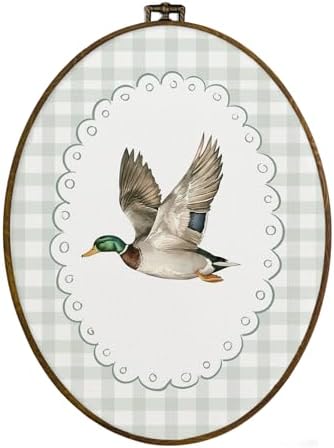 dvhdajed Coquette Mallard Duck Oval Wall Art Decor, Farmhouse Country Ducks Framed Canvas Art, Rustic Mallard Duck Green Checkered Oval Wall Hanging Decor for Home Bedroom Nursery, 8.7x11.3 Inch by dvhdajed