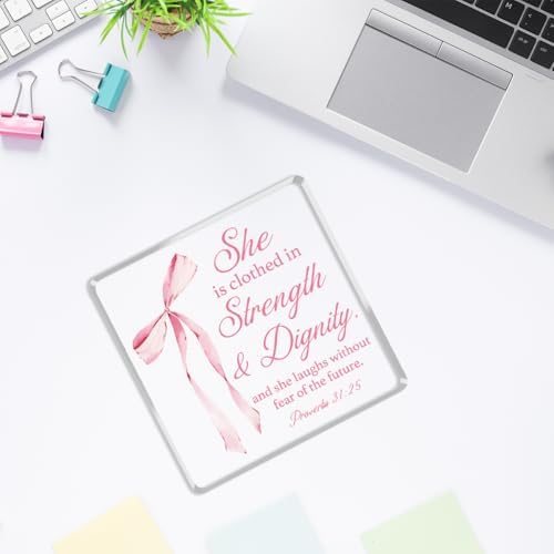 Pink Room Decor, Inspirational Bible Verse Quotes, Christian Gifts for Women, Coquette Aesthetic Bow Dorm Decoration, Office Decor for Women, Acrylic Office Desk Accessories Decoration-Proverbs 31:25 - Image 4
