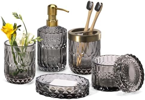 EMPO 6PCS Bathroom Clear Glass Accessories Set (Lotion Soap Dispenser, Soap Dish, Toothbrush Holder, Tumbler, Cotton Swab Jar) Contemporary Modern Decor Crystal Clear Vintage Gift (6pcs Gray) by EMPO