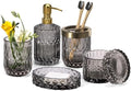EMPO 6PCS Bathroom Clear Glass Accessories Set (Lotion Soap Dispenser, Soap Dish, Toothbrush Holder, Tumbler, Cotton Swab Jar) Contemporary Modern Decor Crystal Clear Vintage Gift (6pcs Gray) by EMPO