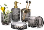 EMPO 6PCS Bathroom Clear Glass Accessories Set (Lotion Soap Dispenser, Soap Dish, Toothbrush Holder, Tumbler, Cotton Swab Jar) Contemporary Modern Decor Crystal Clear Vintage Gift (6pcs Gray) by EMPO