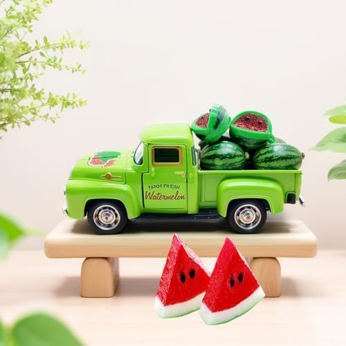 Watermelon Decor, 5.7-Inch Vintage Green Metal Pickup Truck with Resin Watermelons, Summer Tiered Tray Decor for Farmhouse Kitchen Table Shelf Mantel Party Centerpiece - Image 4